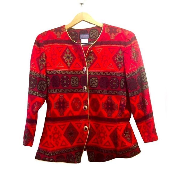 Vintage Tina Barrie Aztec Print Red/Black Gold Buttons Jacket Women’s Sz 16 - Picture 1 of 4